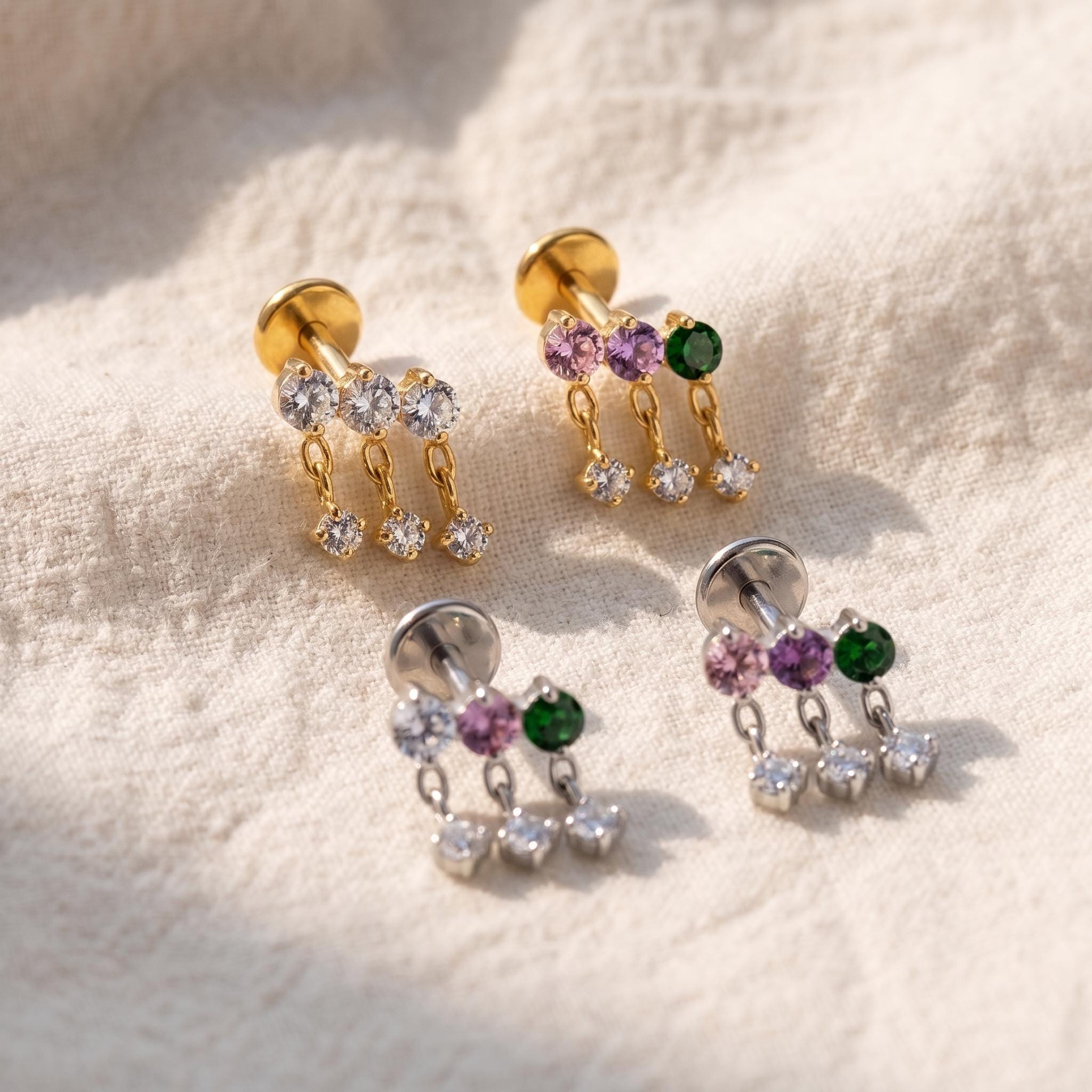 Floating Chain Dangle Helix Stud – Titanium Triple CZ Cartilage
