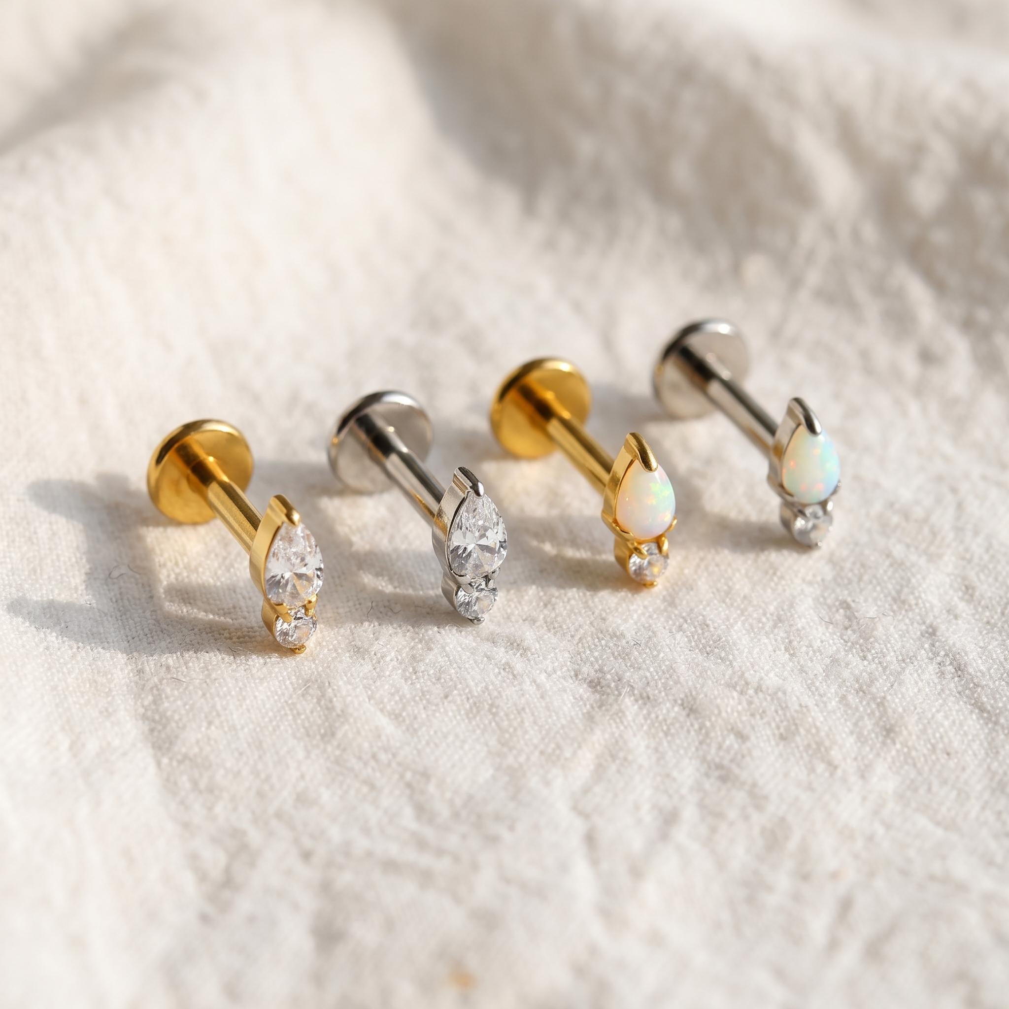 Teardrop Opal & CZ Flat Back Stud – Titanium Forward Helix Earring