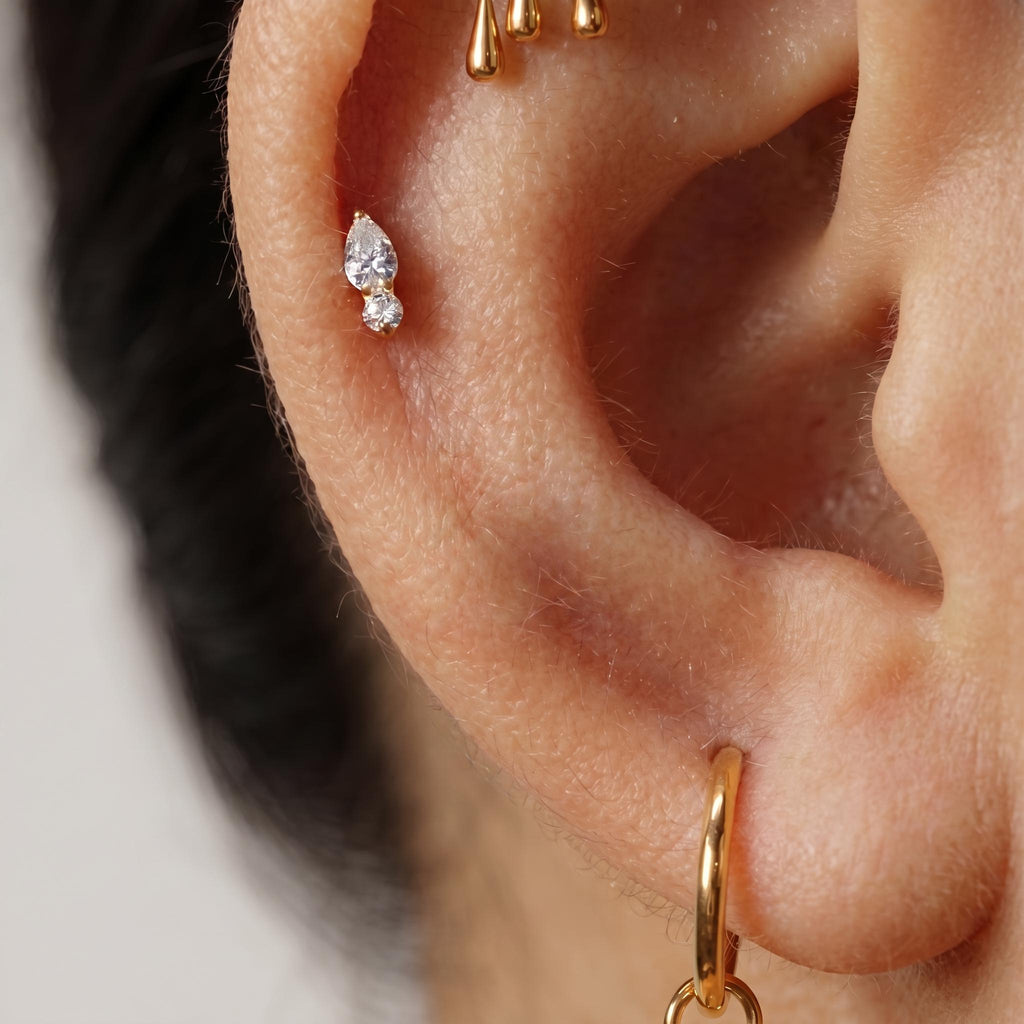 Teardrop Opal & CZ Flat Back Stud – Titanium Forward Helix Earring