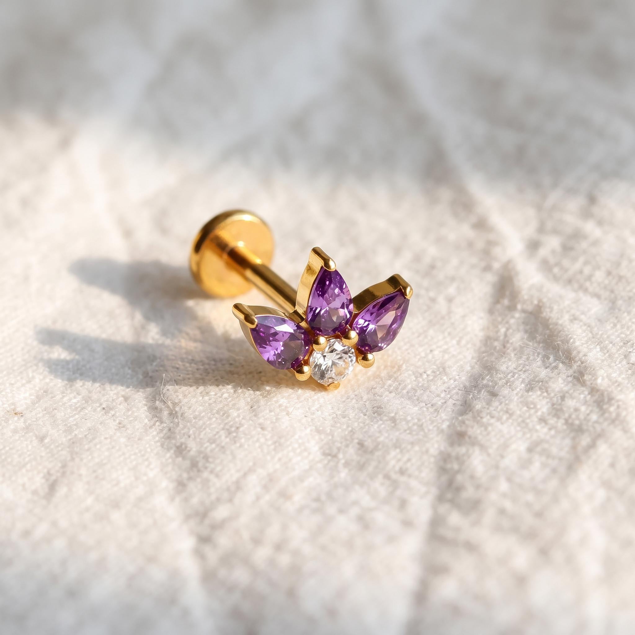 Triple Pear Fan Stud – Titanium CZ Trinity Lotus Earring