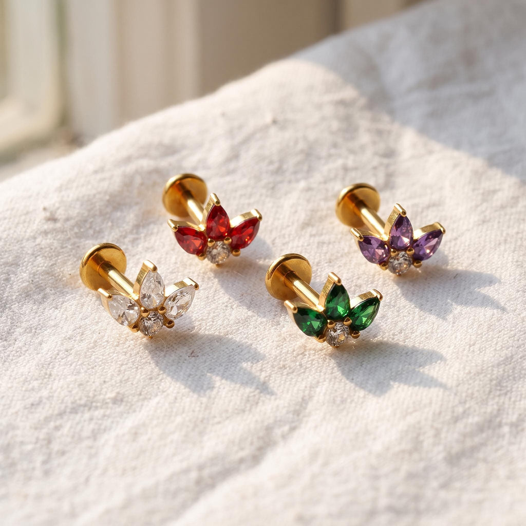 Triple Pear Fan Stud – Titanium CZ Trinity Lotus Earring