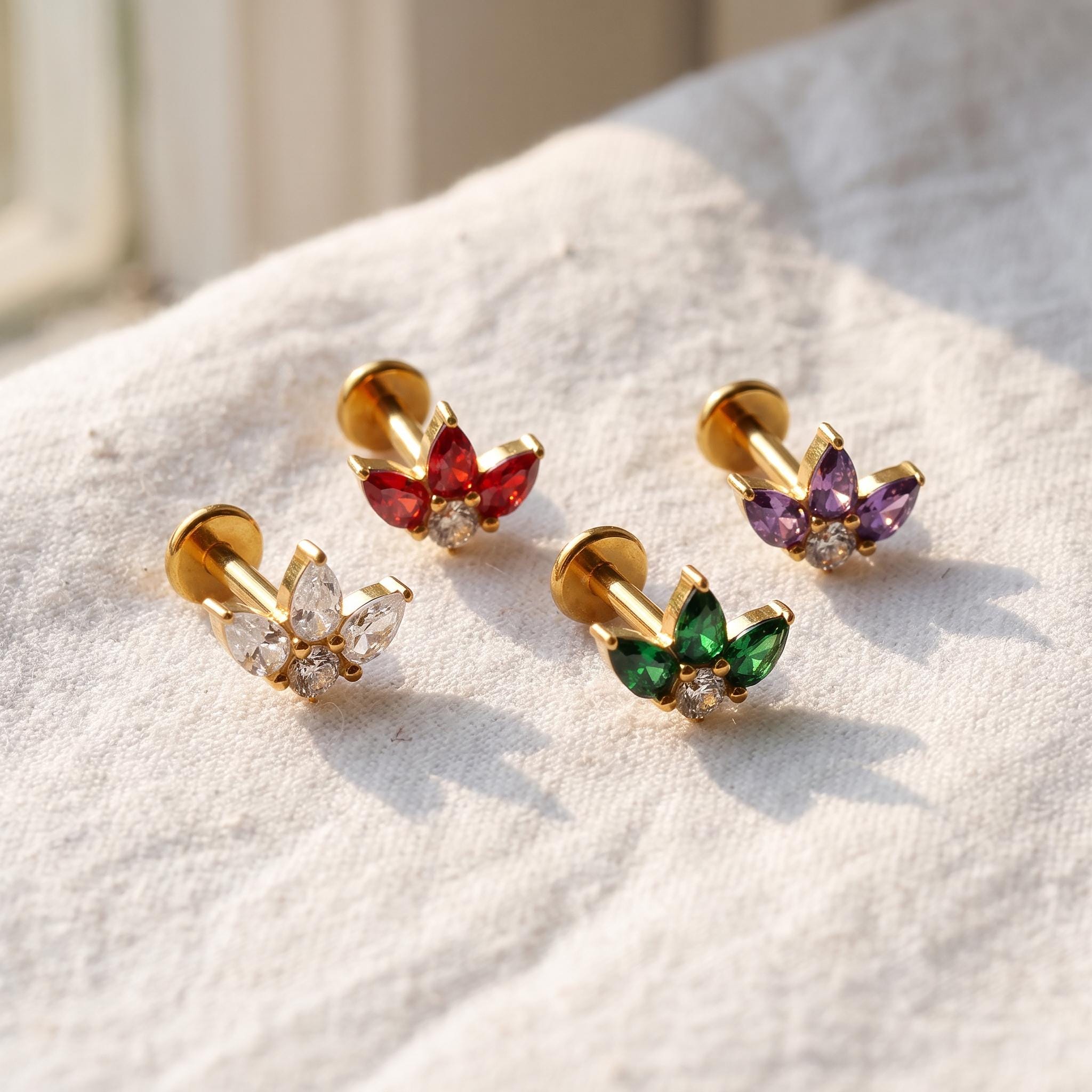 Triple Pear Fan Stud – Titanium CZ Trinity Lotus Earring