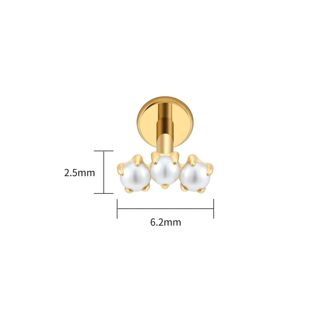 Angled view of the titanium triple pearl stud for helix, tragus and conch piercings
