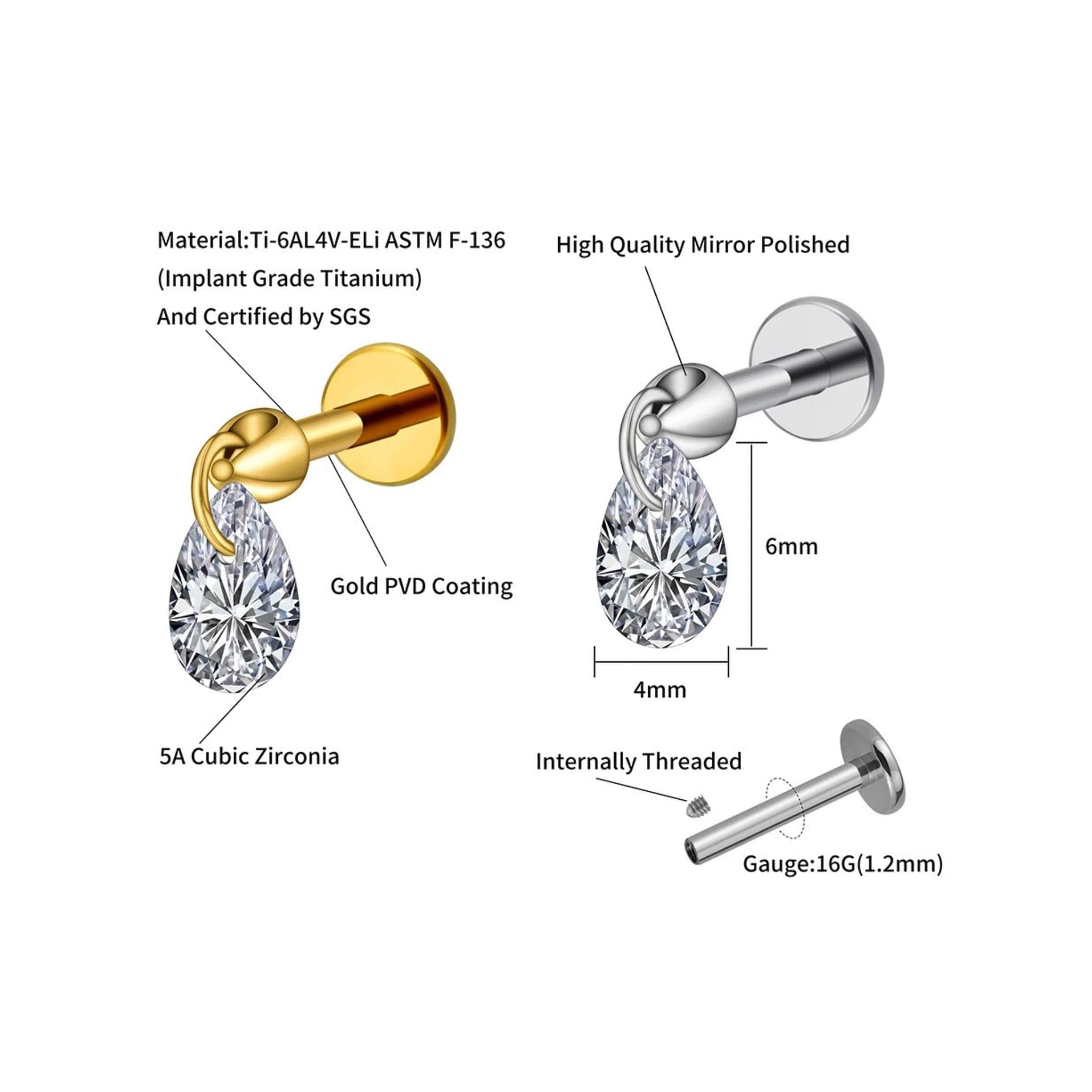Floating Pear Dangle Stud – Titanium Waterdrop CZ Cartilage Earring