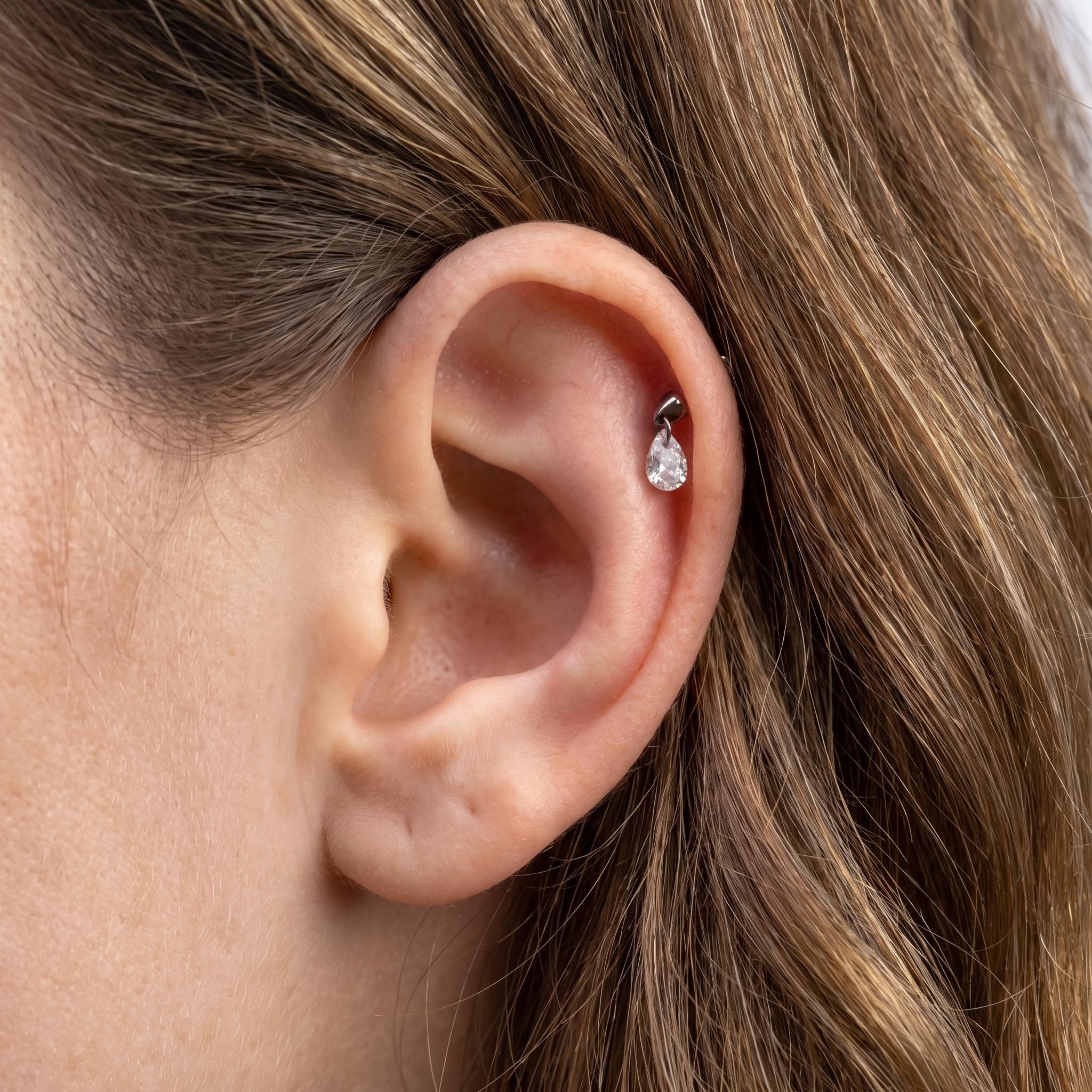 Floating Pear Dangle Stud – Titanium Waterdrop CZ Cartilage Earring