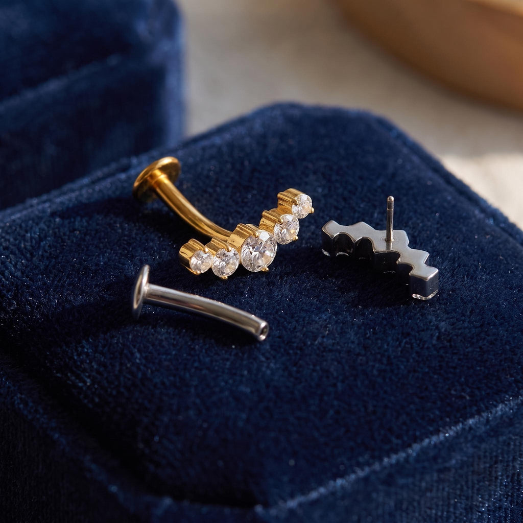 Styled shot of the titanium floating 5-CZ belly ring shown for navel piercings