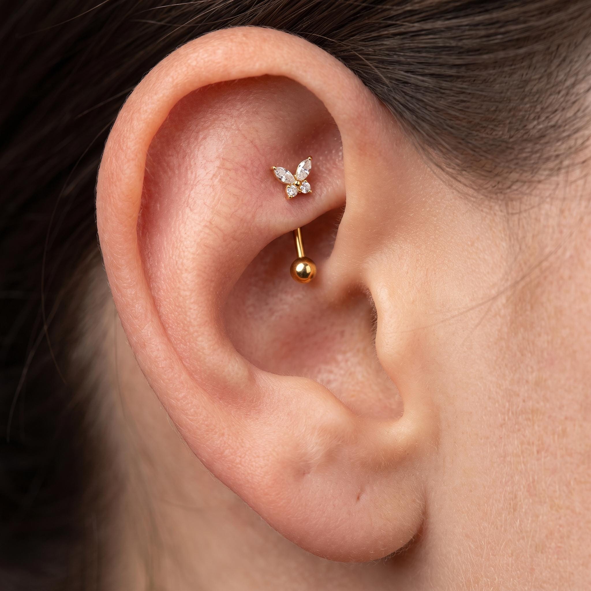 Tiny Butterfly Curved Barbell – Titanium CZ Rook & Vertical Labret