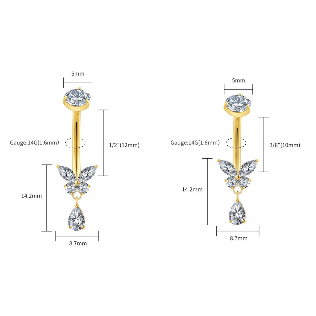 Angled view of the titanium butterfly CZ teardrop curved barbell for navel piercings