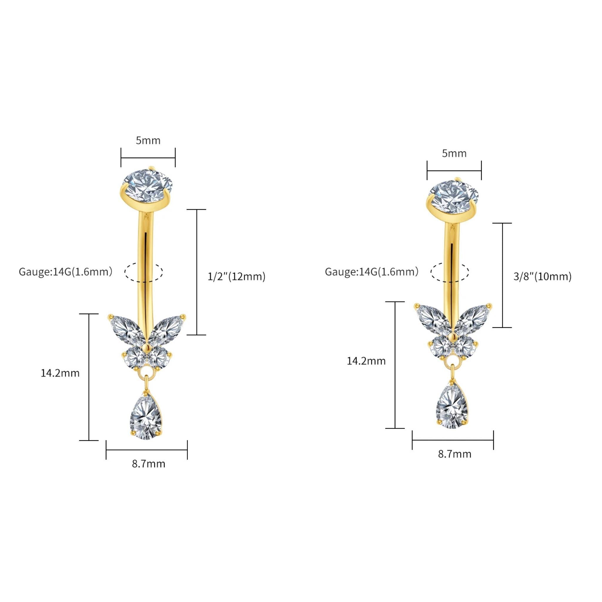 Angled view of the titanium butterfly CZ teardrop curved barbell for navel piercings