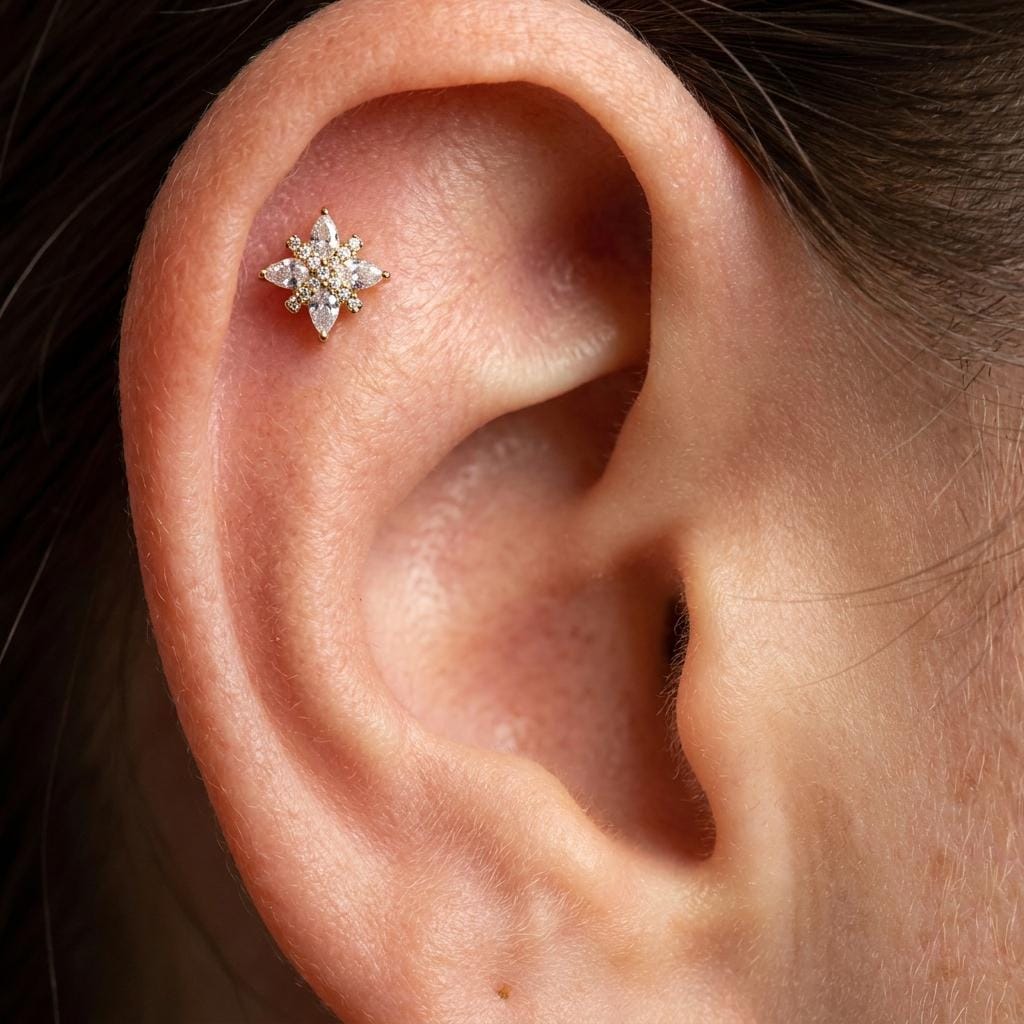 Four-Petal Flower Stud – Titanium CZ Teardrop Cartilage Earring