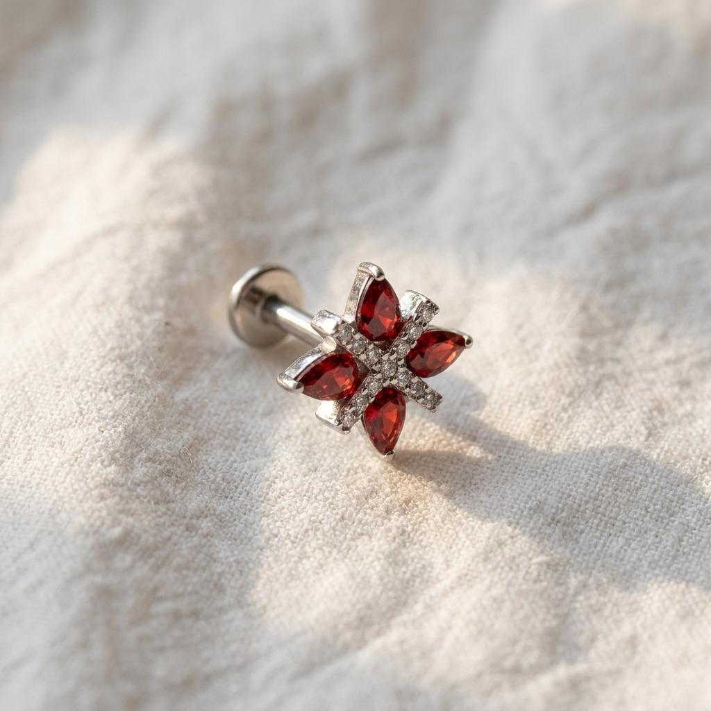 Four-Petal Flower Stud – Titanium CZ Teardrop Cartilage Earring