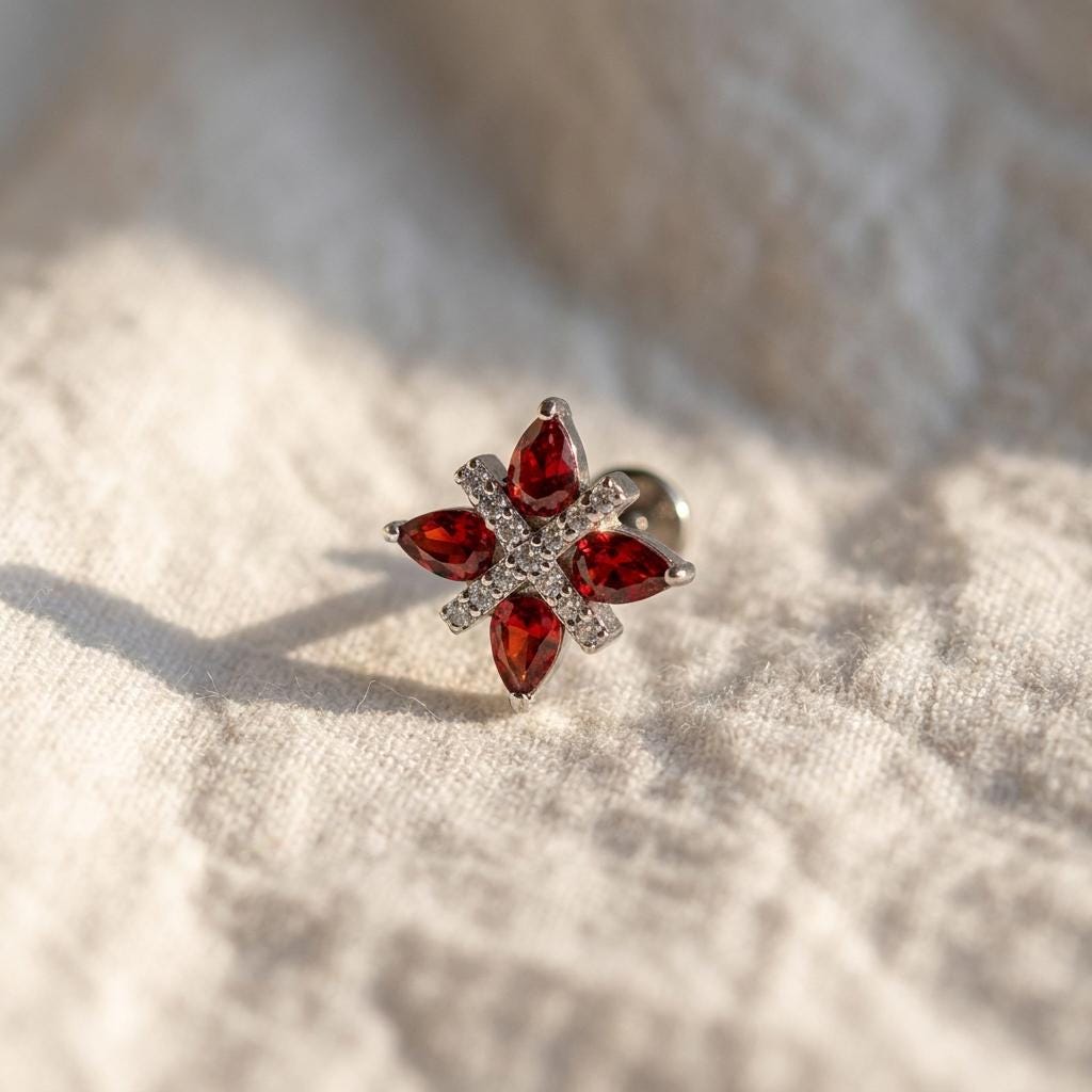 Four-Petal Flower Stud – Titanium CZ Teardrop Cartilage Earring