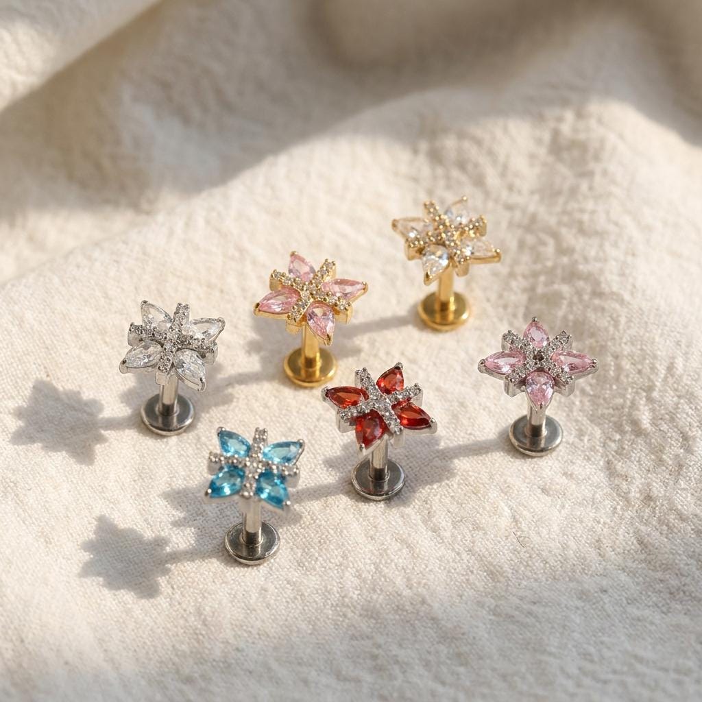 Four-Petal Flower Stud – Titanium CZ Teardrop Cartilage Earring
