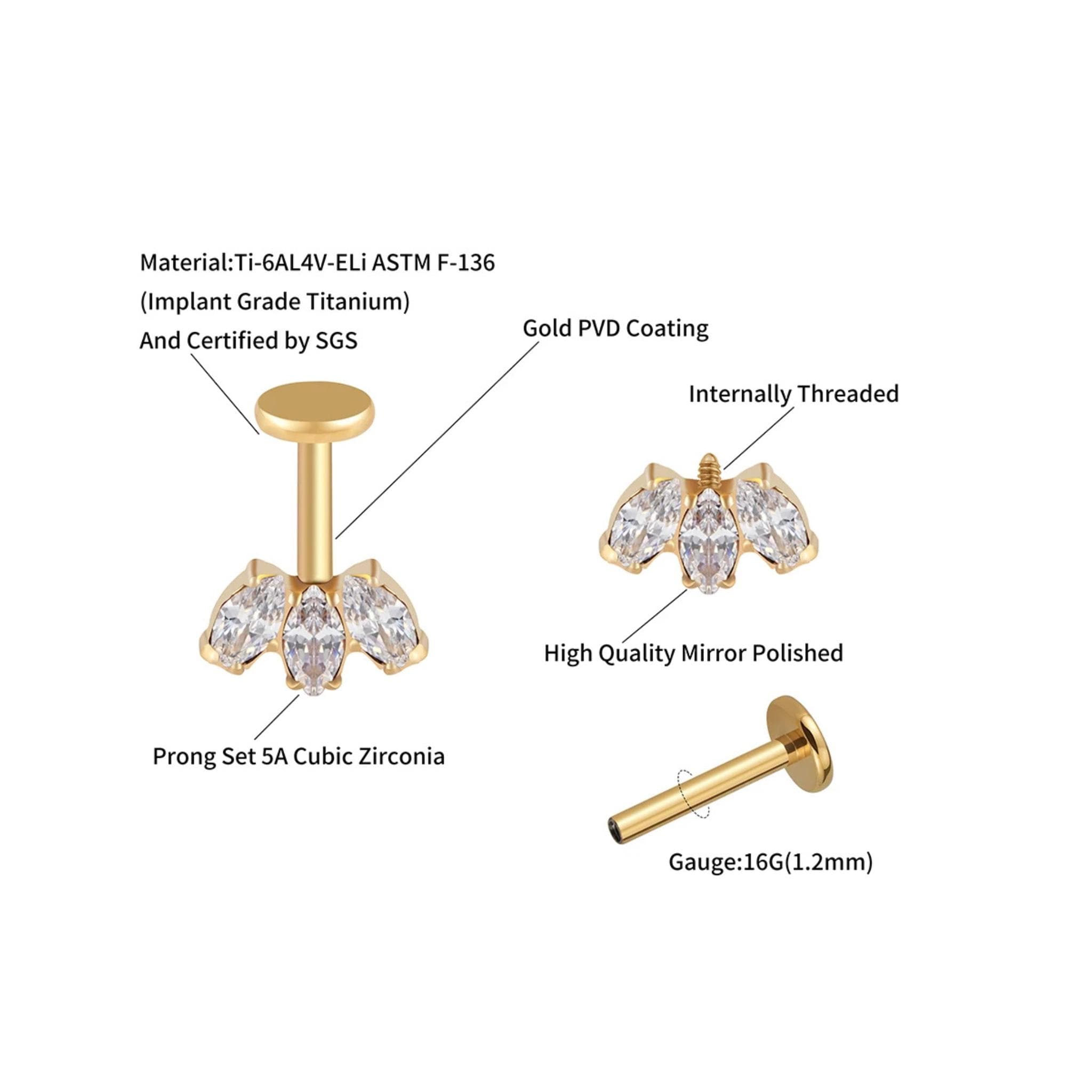 Marquise CZ Labret Stud – Titanium Vertical Helix & Conch Earring