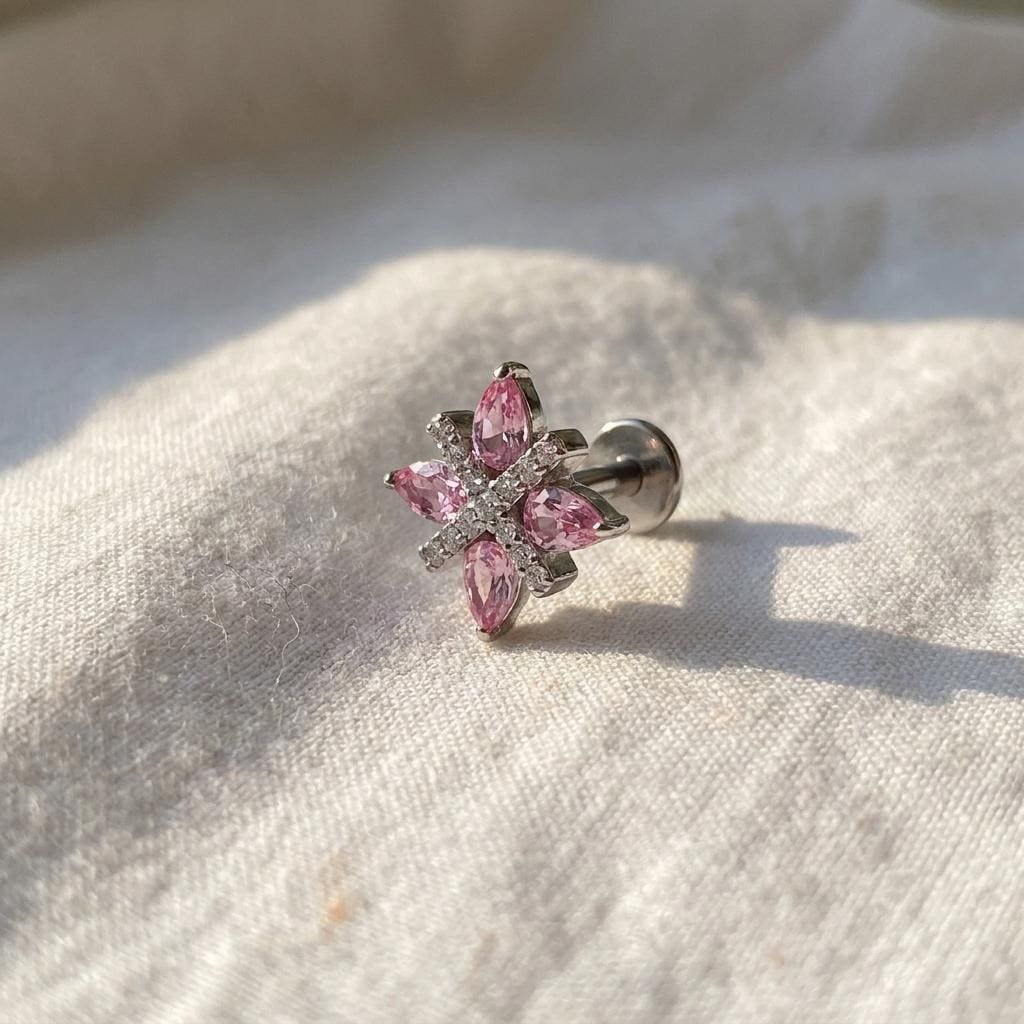 Four-Petal Flower Stud – Titanium CZ Teardrop Cartilage Earring