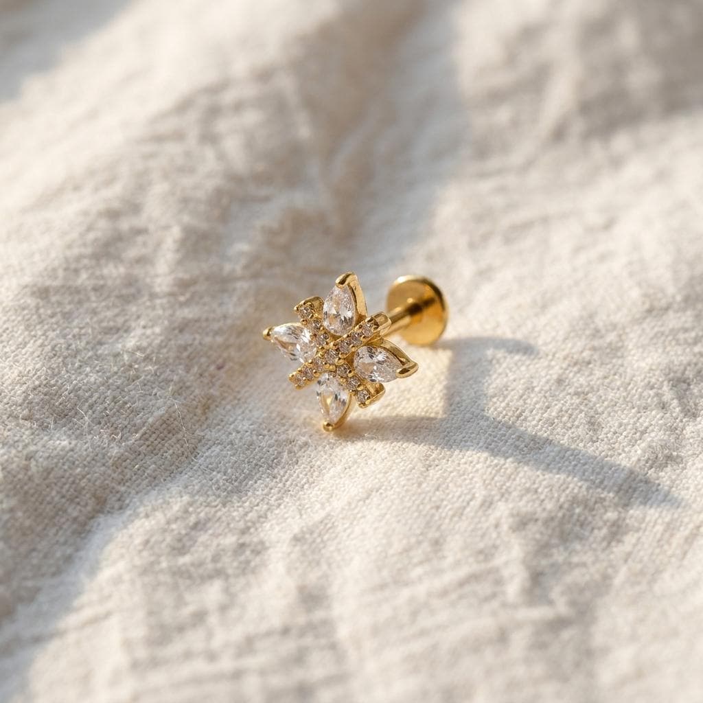 Four-Petal Flower Stud – Titanium CZ Teardrop Cartilage Earring