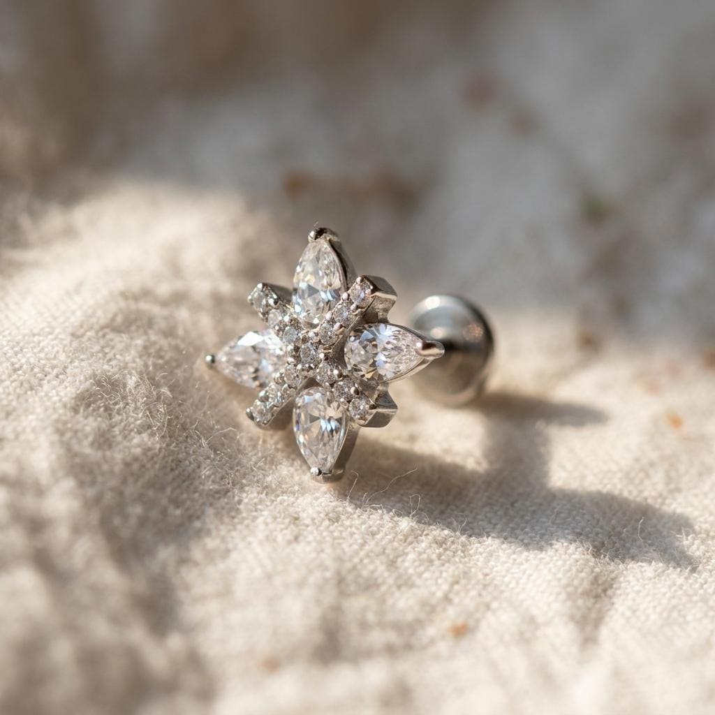 Four-Petal Flower Stud – Titanium CZ Teardrop Cartilage Earring