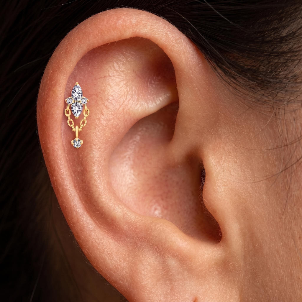 Star Flower Chain Dangle Stud – Titanium CZ Helix Earring